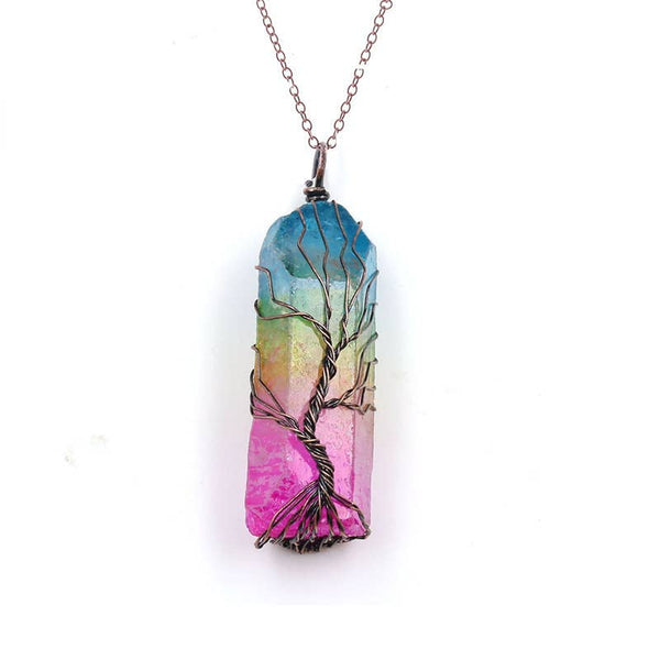 Natural stone crystal pillar tree of life necklace
