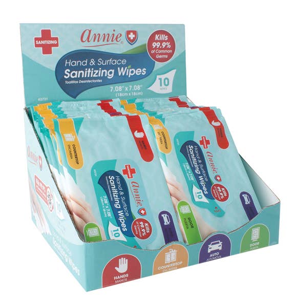 Annie Antibacterial Sanitizing 10ct Wipes 24 Bag Display Set