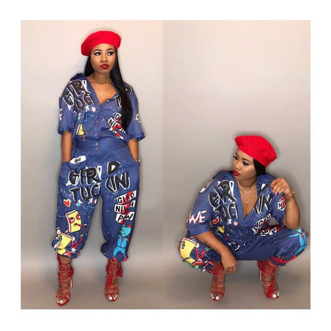 New Fashion Hip Hop Style Women Jumpsuit Special Letter Turn Down Collar Half Sleeve Romper  Plus SIze Night Club Paysuit LD8103