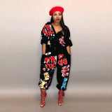 New Fashion Hip Hop Style Women Jumpsuit Special Letter Turn Down Collar Half Sleeve Romper  Plus SIze Night Club Paysuit LD8103